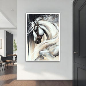 White horse canvas painting, White horse poster, White horse wall art, White horse art, horse lover gift, animal canvas