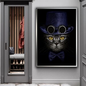 猫のキャンバスプリント、黒い帽子をかぶった猫のキャンバスアート、蝶ネクタイをしたかわいい猫のウォールアート、動物のキャンバスウォールアート装飾、猫の室内装飾