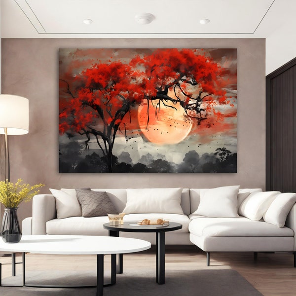 Red Tree Canvas Art, Red Tree at Full Moon Wall Art, Red Tree Poster, Tree Canvas Painting, Tree Canvas Home Decor