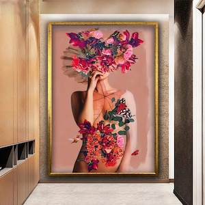 Porträt der Frau mit Blumen, Blumenkopf Frau Leinwanddruck, Blumenfrauenleinwand, bunte Blumenkörper-Leinwandkunst, Frauenwanddekor