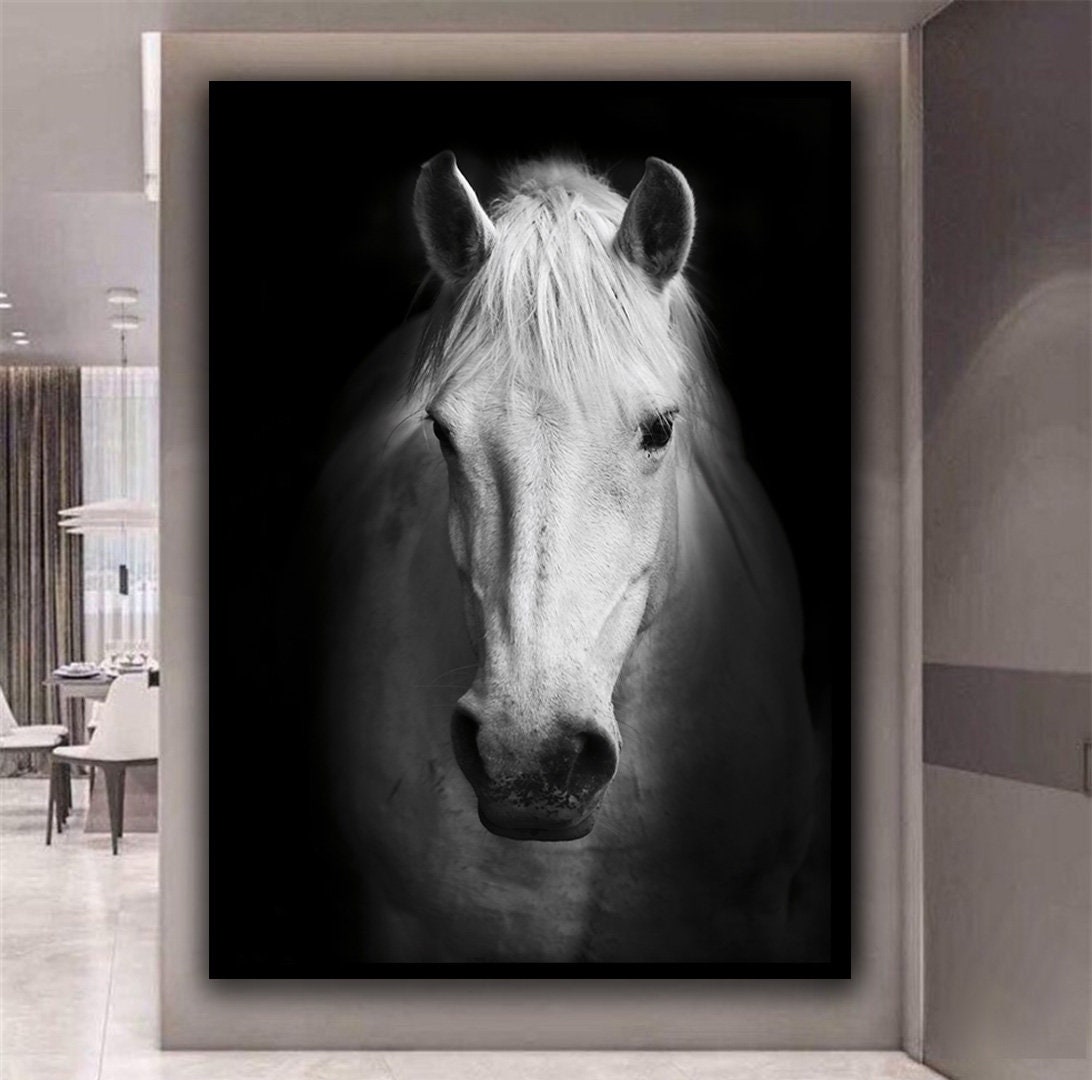 White Horse Canvas Art, Black and White Horse Wall Art, Horse Canvas