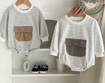 Boys Autumn Striped Sweater with 100% Cotton Long Sleeve Bodysuit with Large Pockets