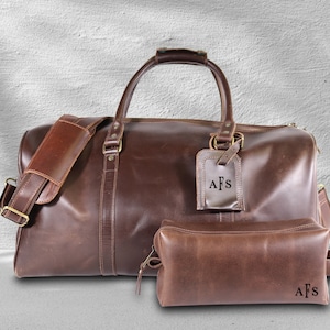 Personalized Brown Leather Duffle Bag Set: Travel Suit & Toiletry Bags