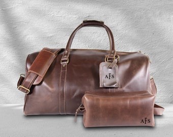 Personalized Men's Brown Leather Travel Gift Set, Travel Suit Bag, Personalized Duffle Bag with Toiletry Bag,  Valentine Gift for Boyfriend