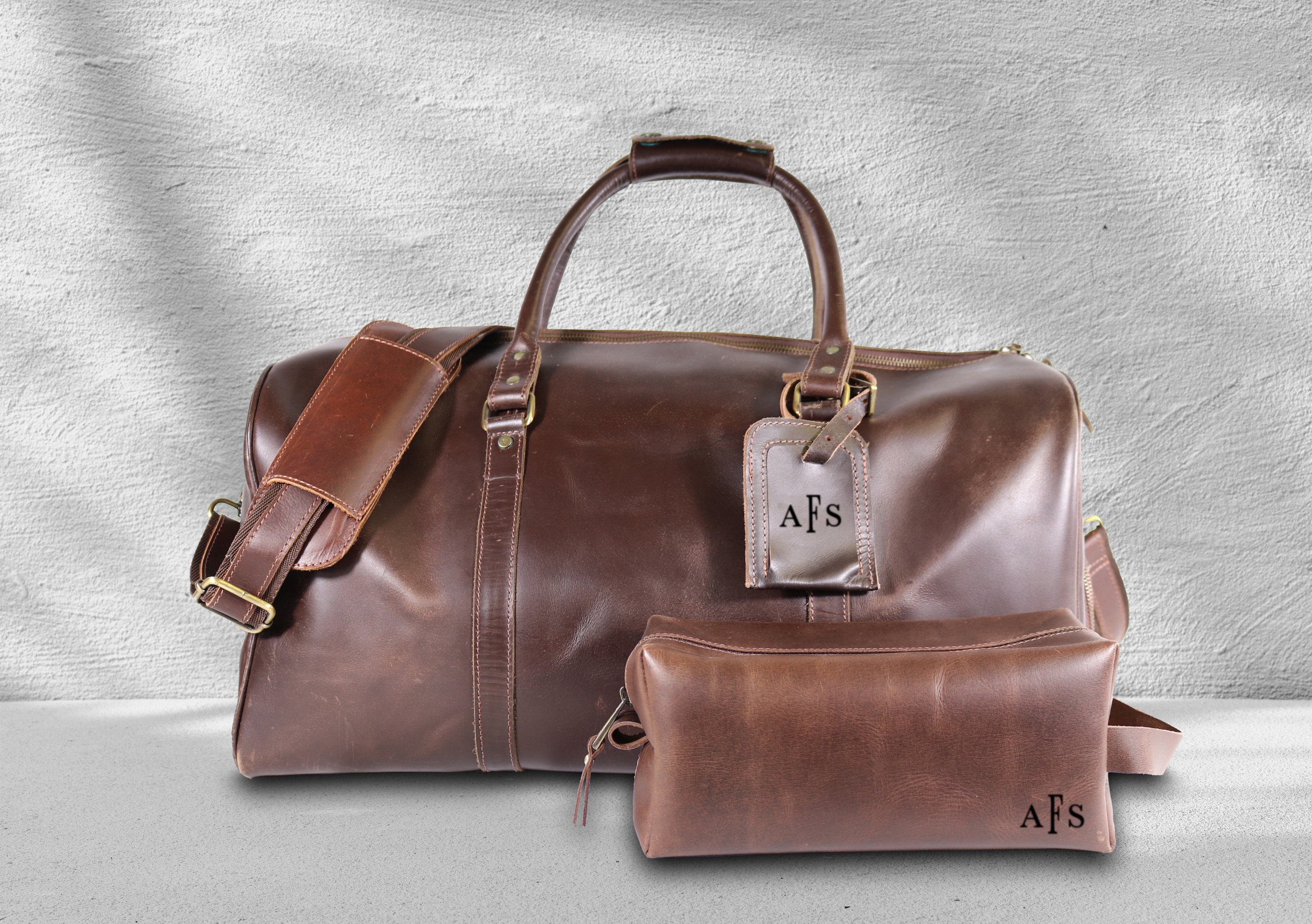 Personalized Brown Leather Duffle Bag Set: Travel Suit & Toiletry Bags