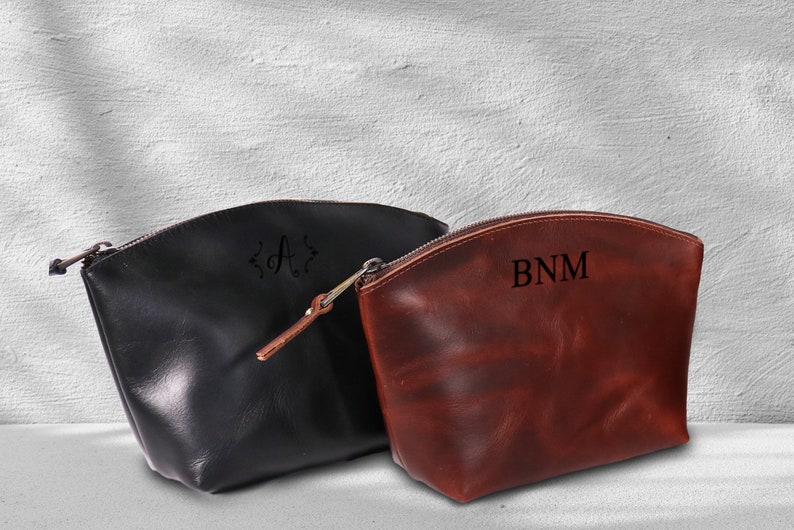 Leather Makeup Bag, Personalized Bridesmaid Gift, Leather Cosmetic Pouch, Monogrammed Leather Women Makeup Bag, Valentine Gift for Her image 5