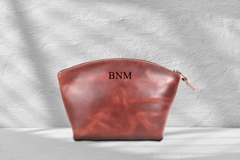 Leather Makeup Bag, Personalized Bridesmaid Gift, Leather Cosmetic Pouch, Monogrammed Leather Women Makeup Bag, Valentine Gift for Her image 3