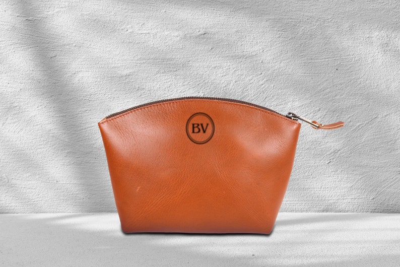 Leather Makeup Bag, Personalized Bridesmaid Gift, Leather Cosmetic Pouch, Monogrammed Leather Women Makeup Bag, Valentine Gift for Her image 2