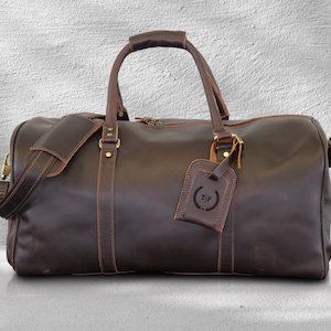 Leather Duffle Bag, Travel Bag, Outdoor Bag, Leather Bag, Groomsmen Gift, Duffle Bag with Personalized Luggage Tag, Leather Weekender Bag DARK BROWN-X LARGE