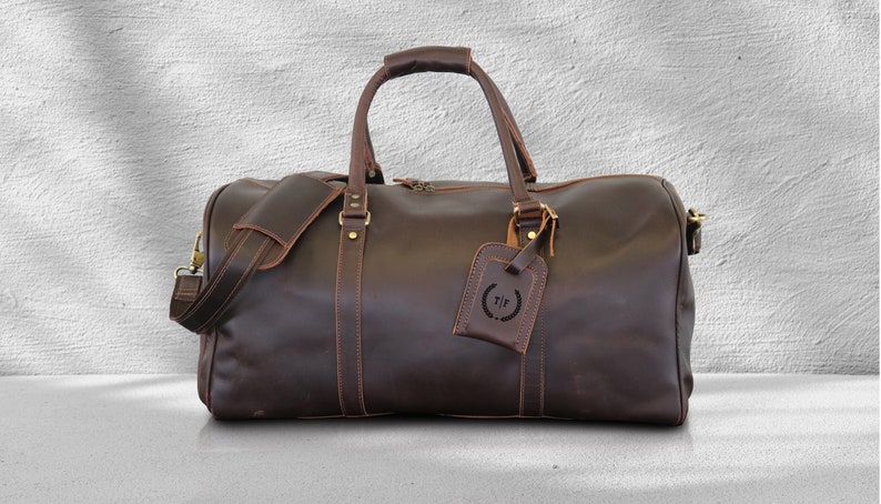Leather Duffle Bag, Travel Bag, Outdoor Bag, Leather Bag, Groomsmen Gift, Duffle Bag with Personalized Luggage Tag, Leather Weekender Bag DARK BROWN-X LARGE
