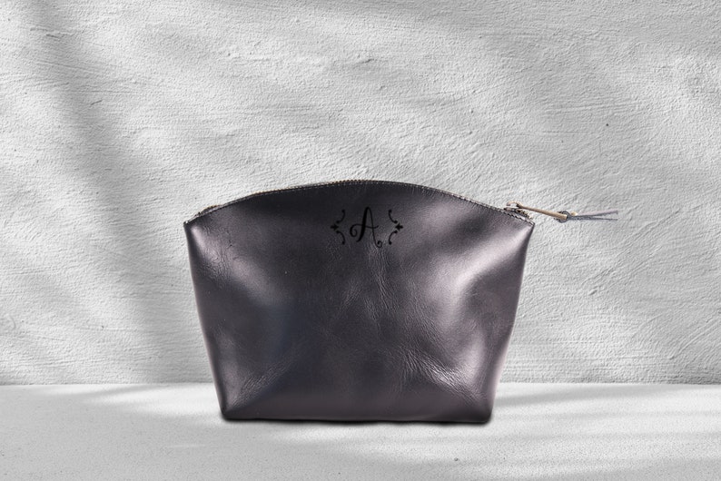 Leather Makeup Bag, Personalized Bridesmaid Gift, Leather Cosmetic Pouch, Monogrammed Leather Women Makeup Bag, Valentine Gift for Her image 4