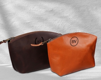 Personalized Leather Makeup Bag, Monogrammed Cosmetic Pouch, Bridesmaid Gift