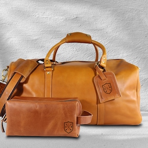 Personalized Leather Travel Bag Set: Full Grain Leather Duffel & Dopp Kit