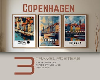Impresión de viaje de arte mural de Copenhague - Paquete de 3 pósteres de viaje por la ciudad - Decoración del hogar de Dinamarca - Nuevo regalo retro para el hogar - Descarga digital de lienzo enmarcado