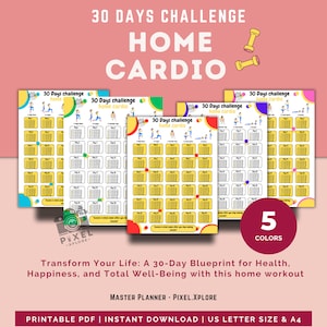 Home Cardio Workout - 30 Day Challenge | Exercise Fitness  Calendar Gym Sport Bodybuilding Planner | Printable Digital PDF | A4 & US Letter