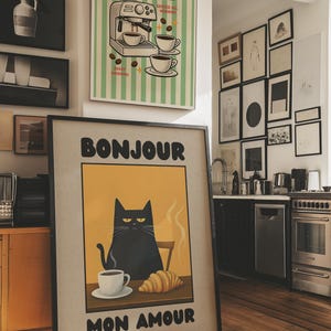 Bonjour Mon Amour Black Cat Poster, Retro French Kitchen Art, Black Cat Coffee Print, Cute Morning Decor, Digital Download, Romantic Gift