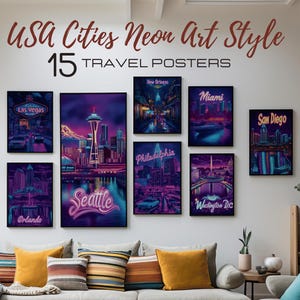 USA Wall Art Travel Print - Mega Bundle 15 Travel Poster City - America Home Decor - Pop Neon Style Gift - Frame Canvas Digital Download
