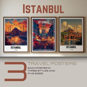 Istambul Wall Art Travel Print - Pacote 3 Travel Poster City - Turquia Decoração para casa - Novo presente retrô para casa - Moldura Tela Download digital