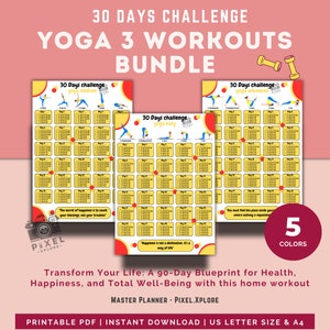 Yoga Bundle 3 Exercises Workouts at Home - 30 Day Challenge | Fitness Gym Sport Workout Planner | Printable Digital PDF File|A4 & US Letter