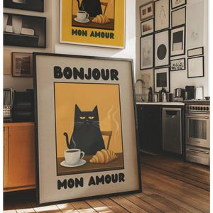 Bonjour Mon Amour Wandkunst - Retro Katzenkaffee druckbares Poster - Französisch inspiriertes digitaler Download Dekor - Neues Haus Geschenk für Katzenliebhaber