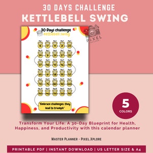 Kettlebell Swing Workout - 30 Day Challenge | Exercise Fitness at home - Calendar Gym Planner | Printable Digital PDF File | A4 & US Letter