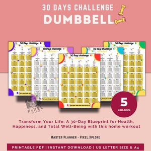 Dumbbell Workout at Home - 30 Day Challenge | Gym Exercise |  Fitness Calendar Sport Bodybuilding Planner Printable Digital| A4 & US Letter
