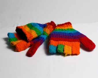 PURE YAK WOOL Rainbow Gloves- Handmade touchscreen compatible -Handknitted Warm Winter- Fingerless Mittens Half Finger cold weather & Hiking