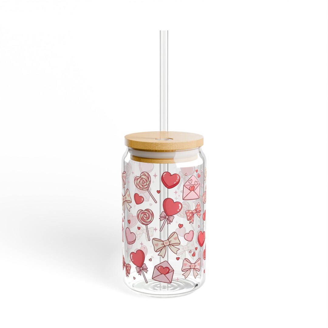 Pink Hearts Glass Tumbler Cute Coquette Aesthetic Cup With Bamboo Lid ...