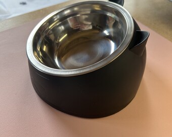 Black Raised cat bowl embossed with kitty face. Stainless steel inner.