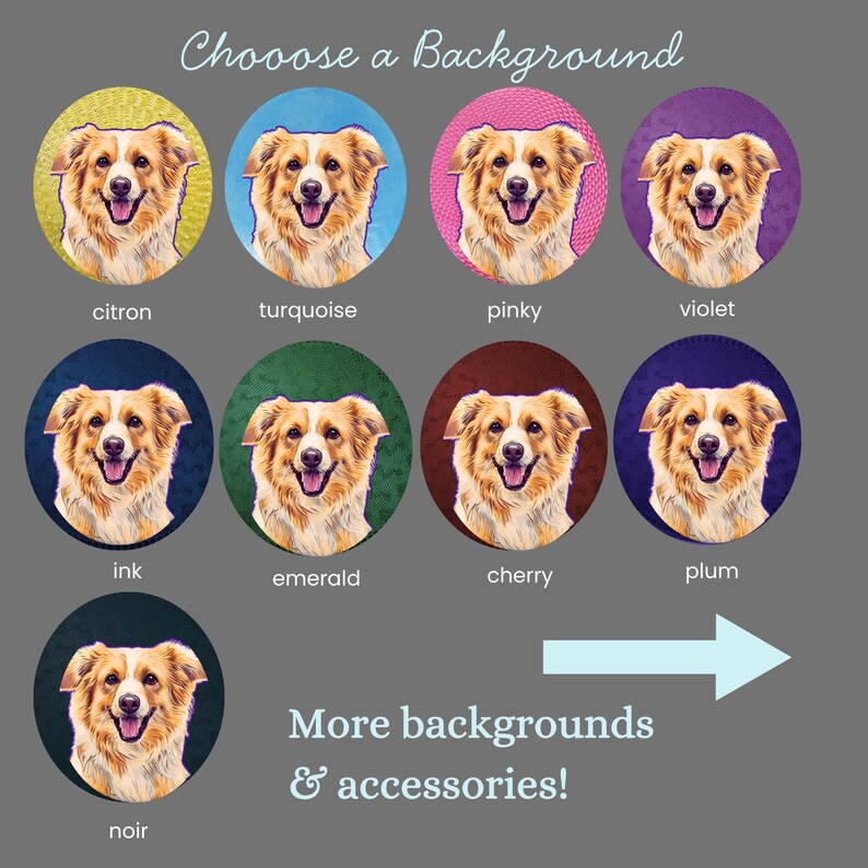 May include: A selection of dog portraits on various colored backgrounds, including citron, turquoise, pinky, violet, ink, emerald, cherry, plum, and noir. Text reads "Choose a Background" and "More backgrounds & accessories!"