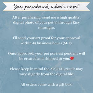 May include: A light blue graphic with text that reads "You purchased, what's next?" and instructions for customers after purchase. The text explains the process of sending a photo, art proof approval, and shipping. Includes a heart symbol.