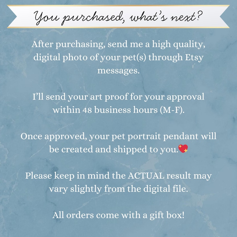 May include: A light blue graphic with text that reads "You purchased, what's next?" and instructions for customers after purchase. The text explains the process of sending a photo, art proof approval, and shipping. Includes a heart symbol.