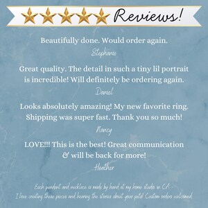 May include: Image of customer reviews with a gold star rating and the word "Reviews!". The reviews are written in a script font on a blue marble background. The reviews mention the quality of the product and the fast shipping.