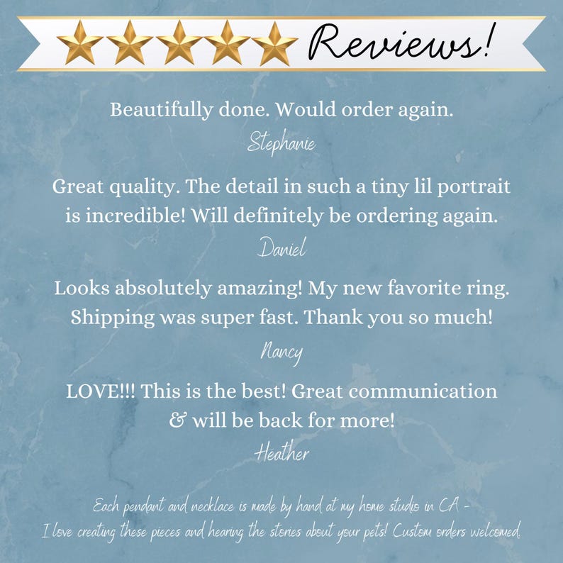 May include: Image of customer reviews with a gold star rating and the word "Reviews!". The reviews are written in a script font on a blue marble background. The reviews mention the quality of the product and the fast shipping.
