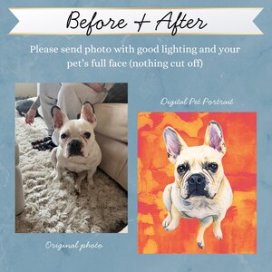 May include: A before and after image showcasing a digital pet portrait. The left side shows an original photo of a white dog with black-tipped ears. The right side displays the finished digital portrait of the dog against an orange and red background. Text reads "Before & After".