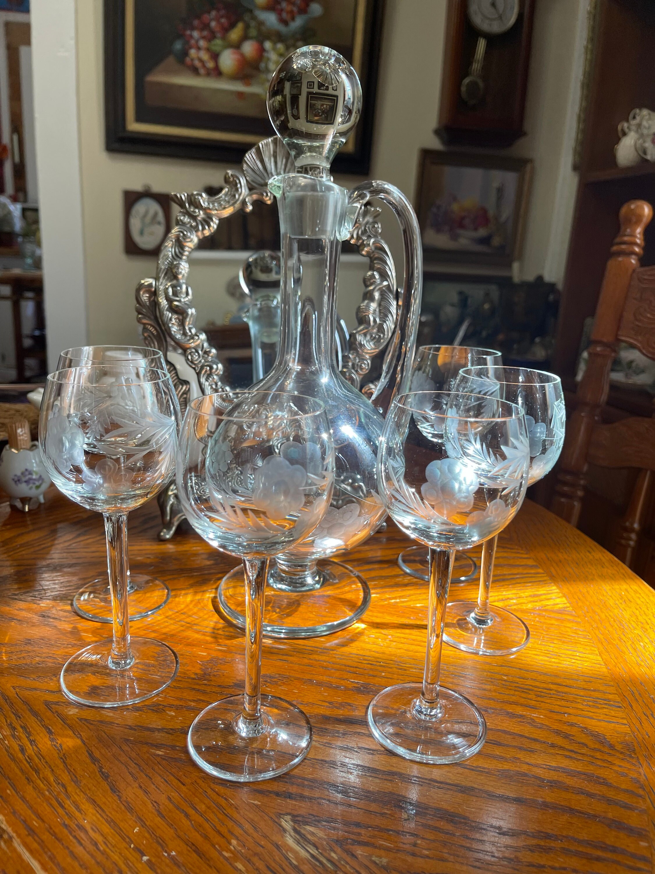 Vintage 1940-1950 Stemmed Wine Decanter and Six Goblets