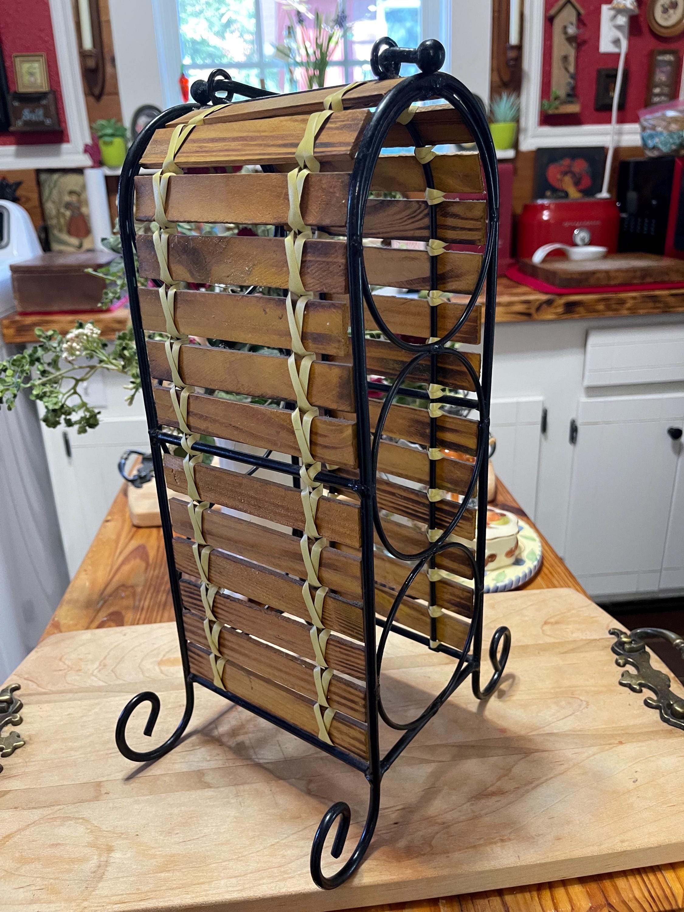 Vintage 1980's Three Bottle Rack. Painted Black Metal With Wooven