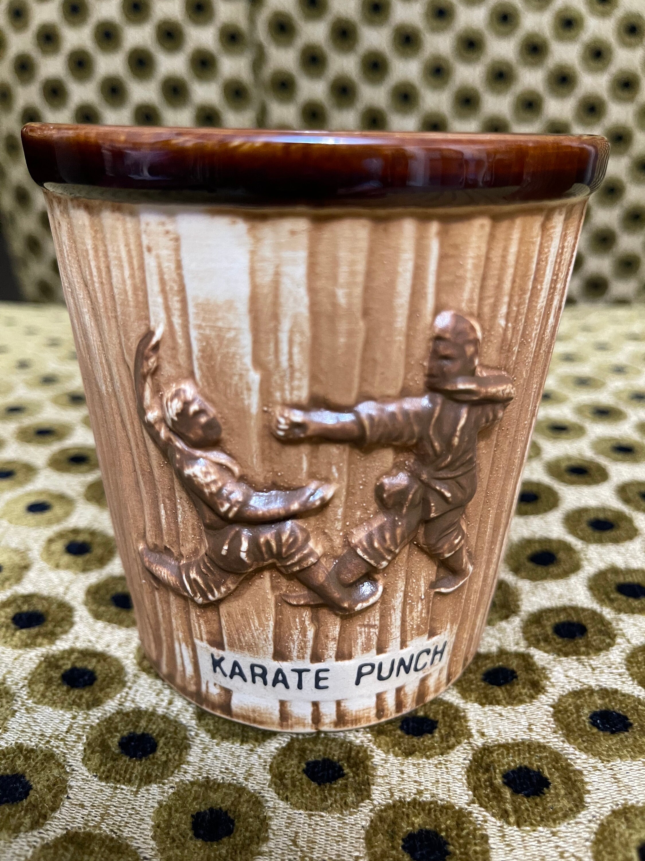 Vintage 1960's Japan Tiki Karate Punch Pair Mugs Hawaii Wood Grain