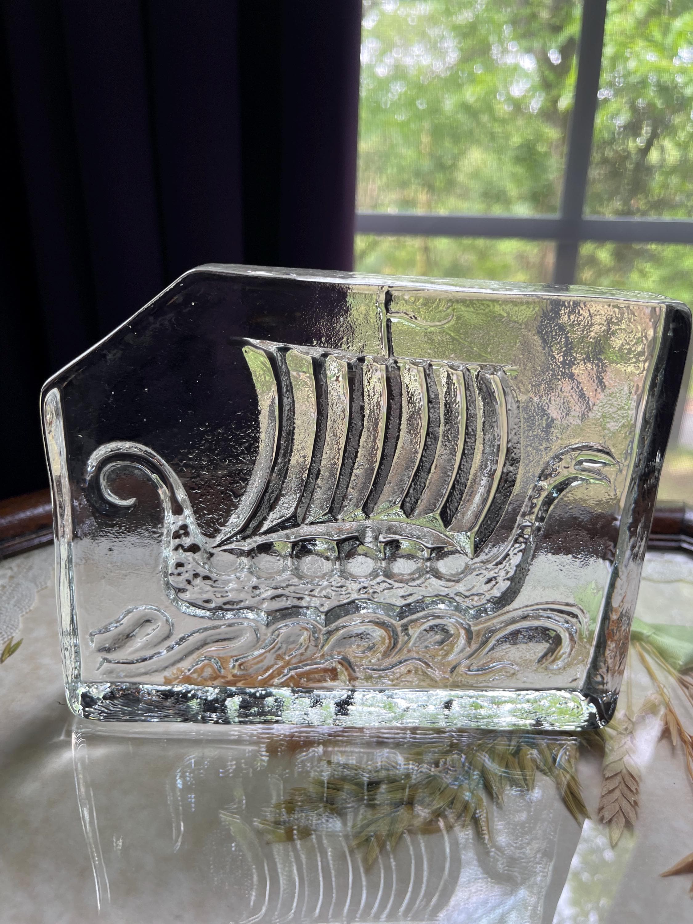 Vintage Viking Ship Glass Paperweight/ Window Decor.about 6.5x 5.5