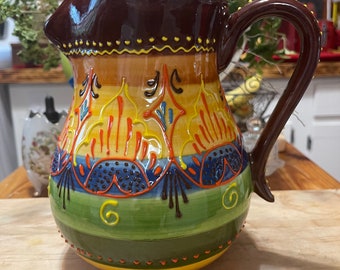 EL POYETON Spain Hand Painted Coloful Embossed Pottery Beverage Pitcher 9’tall, holds 10 cups.Never been used.Free shipping.