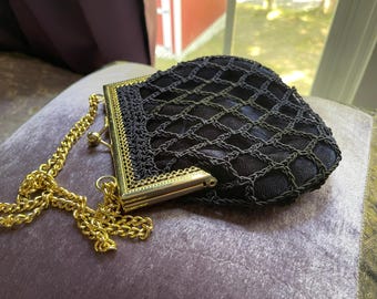 Vintage 1960’s ERNEST SIMON Italian-made Elegant Victorian style Evening bag with fancy gold tone metal frame ,double chain handle kiss lock
