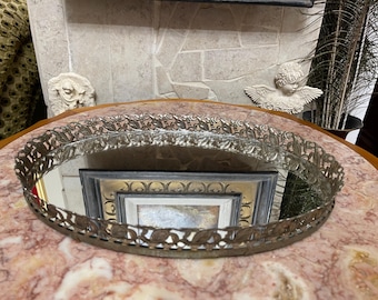 Vintage Hollywood Regency Oval Dresser Mirror Vanity Tray with Antique Silver color Metal Filigree.About 12.5”x 9”.Used condition.