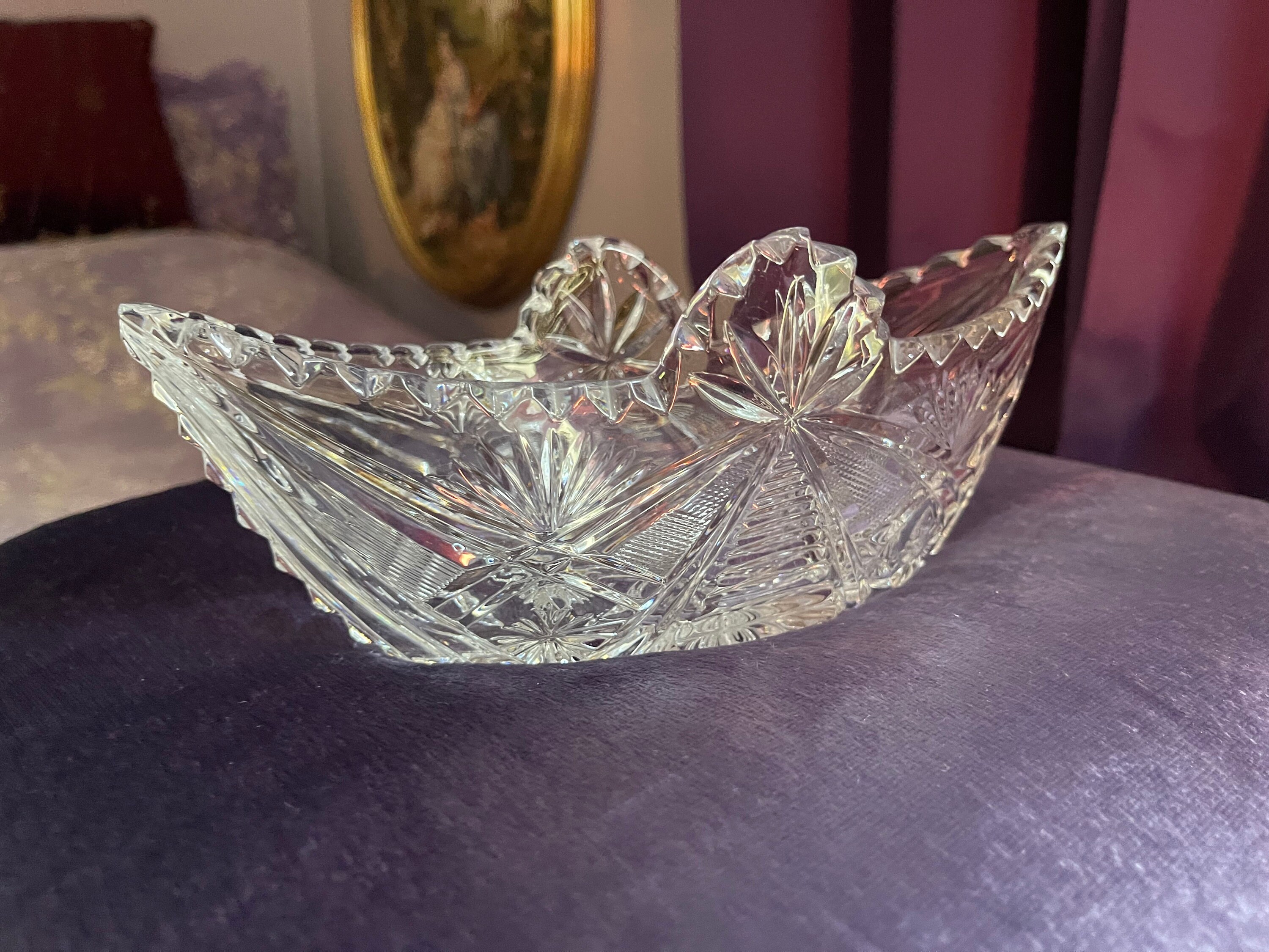 Vintage 1970 Crystal Bowl/Dish in a shape of boat.About 9”long and 3.5”wide.Heavy.( 1 pound 13 ounces).Great quality and condition.Durable.