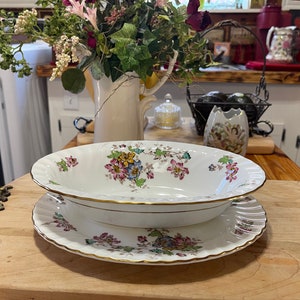 May include: A white porcelain bowl with a floral pattern in shades of pink, green, and blue. The bowl is sitting on a matching plate with a gold trim.