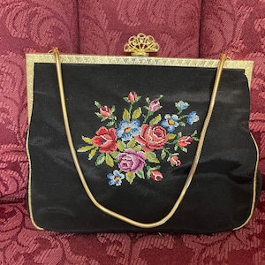 Rare Vintage 1950 Petit Point Gold frame Black Silk Needlepoint Evening purse.Good vintage condition.Free shipping.