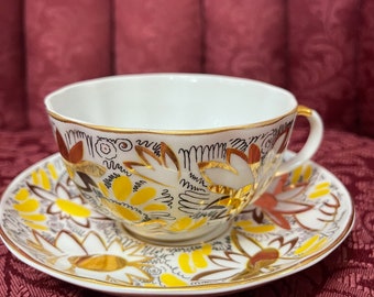 Lomonosov Imperial Porcelain Tea Set: Gold Daisy, 22k Trim