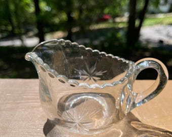 Vintage 1940’s small CRYSTAL Creamer 3.5”x 2.5”. Handmade Etched stars.Some wear. Good condition.