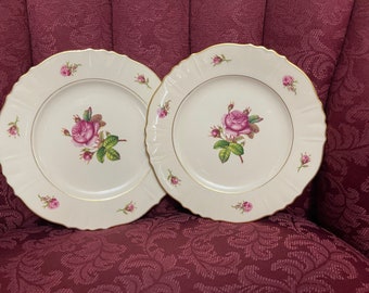 Vintage 1950 Seracyse China made in America pair of two plates 8”diameter.Federal shape .Gold trim.”Victoria “pink rose.Free shipping.