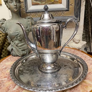 SILVER PLATED Matching pattern Set. Victorian style Antique 1920’s Rogers & Bro  Tea Pot 10.5” and Vintage Mid Century WM Rogers Tray 12 1/4