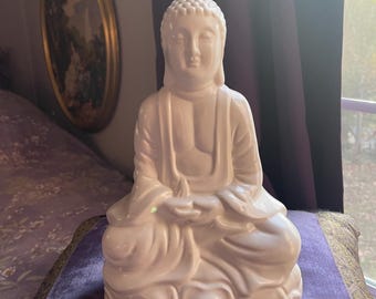 White Ceramic Buddha Statue”Enlightened “About 11”high x 7.5” wide.Protection.Meditation.Tranquility.Anxiety relief.Yoga.